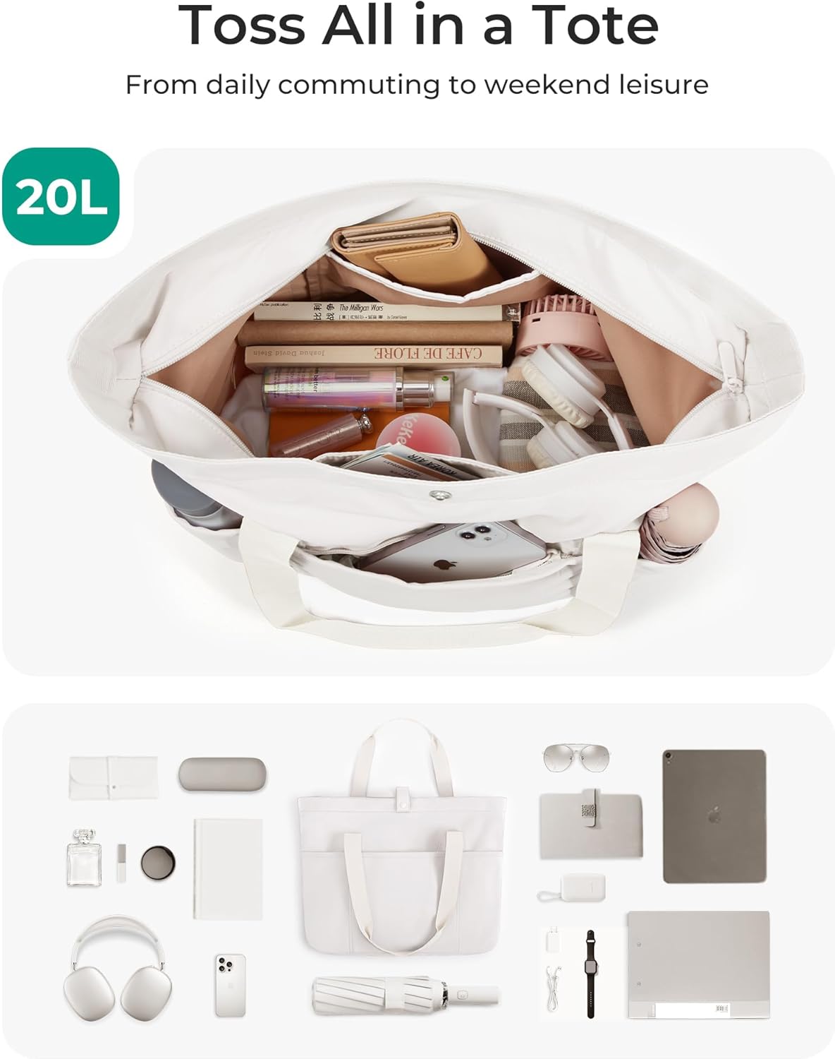 BAGSMART Tote Bag for Women, Foldable Tote Bag With Zipper Travel Shoulder Bag Handbag for Work