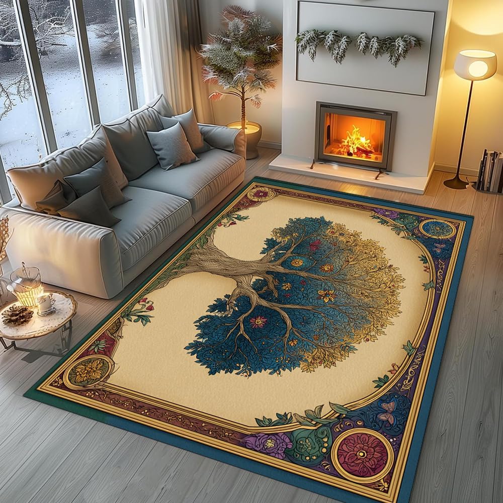 Tree of Life Area Rug – Bohemian Mandala Carpet for Living Room, Bedroom, Meditation Space, Yoga, Spiritual Home Décor – Large Soft Floor Mat for Indoor Decoration (TOL08)