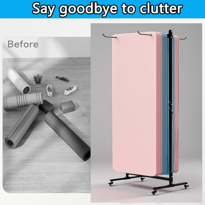 Yoga Mat Holder Hanging, Floor Rolling Yoga Mat cart, Large Capacity Storage Rack, with Includes hole punch, Metal square tube storage shelf for Home Gym, Fitness Club,Yoga Studio (Black)