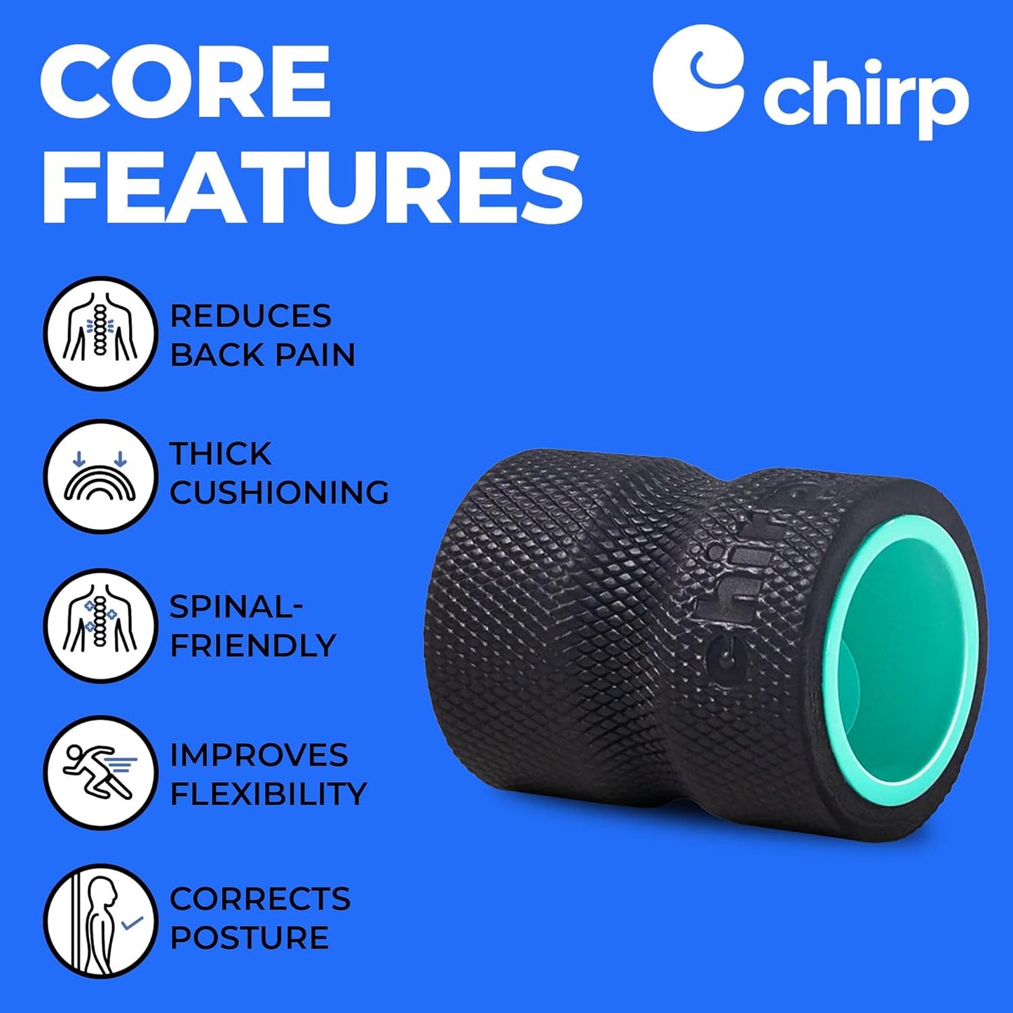 Chirp Wheel Foam Roller – Targeted Back & Neck Relief, Lumbar Spine Stretcher, Spinal Decompression Back Stretcher, Massage Roller with Density Foam for Physical Therapy, Supports 500lbs, 4-Pack Black