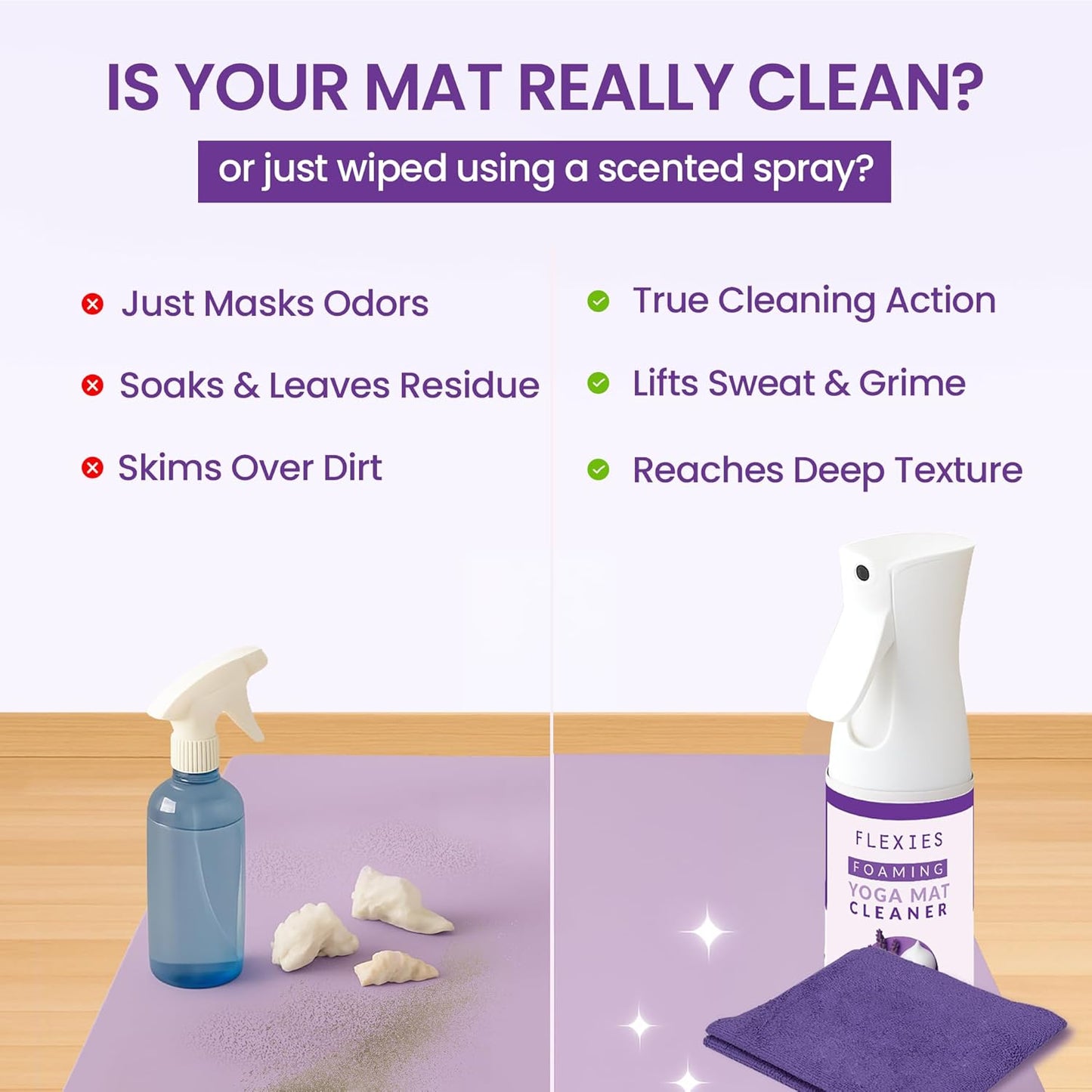 Flexies Foaming Yoga Mat Cleaner Spray Kit, Plant Based Non Toxic Mat Cleaner with Brush and Microfiber Cloth, Yoga Essentials for Women and Men, Pilates Mat Care, Lavender