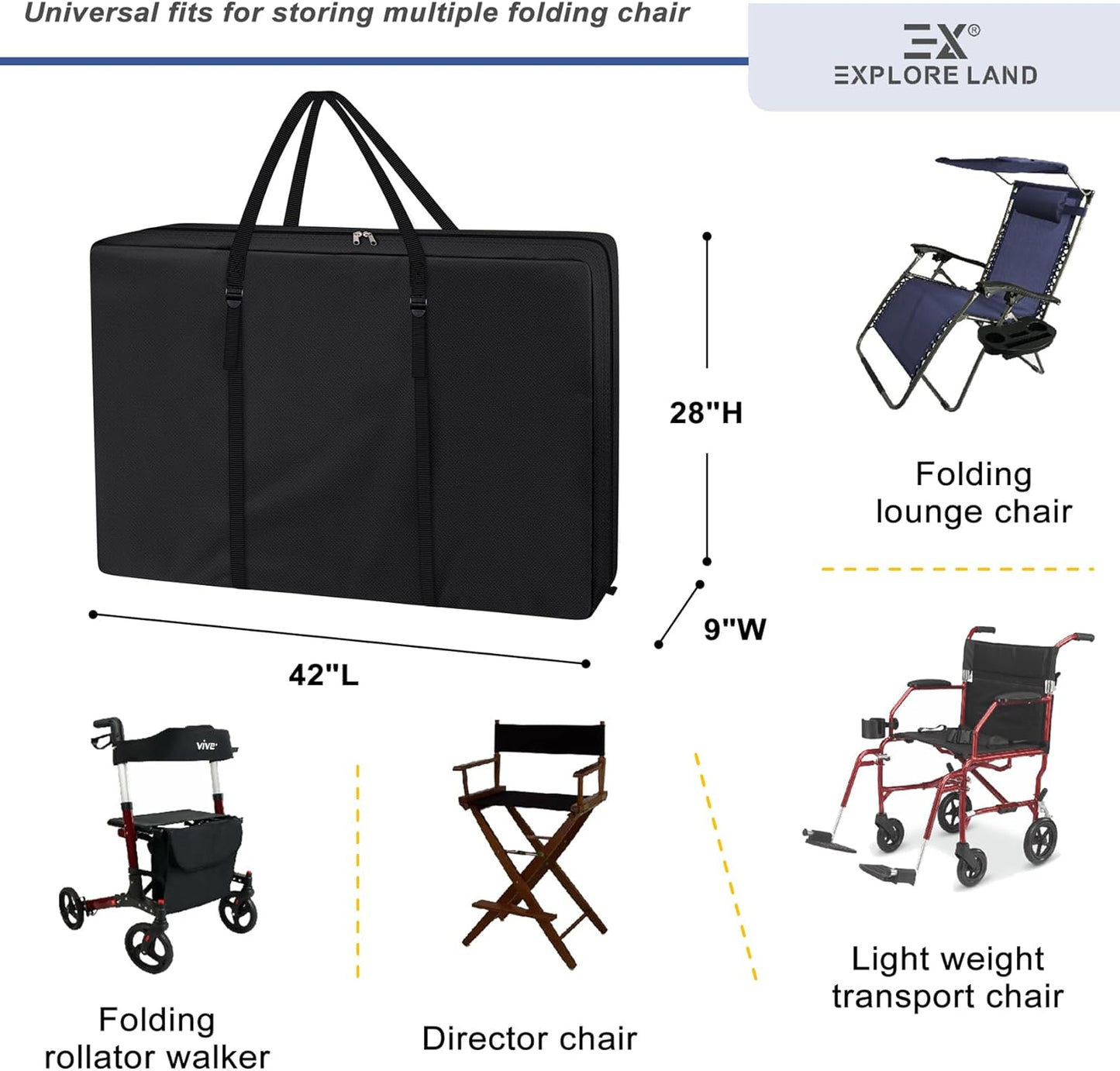 Explore Land Heavy Duty Chair Storage Bag for Folding Longue Zero Gravity Light Weight Transport Folding Rollator Walker (Black)