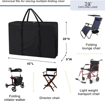 Explore Land Heavy Duty Chair Storage Bag for Folding Longue Zero Gravity Light Weight Transport Folding Rollator Walker (Black)