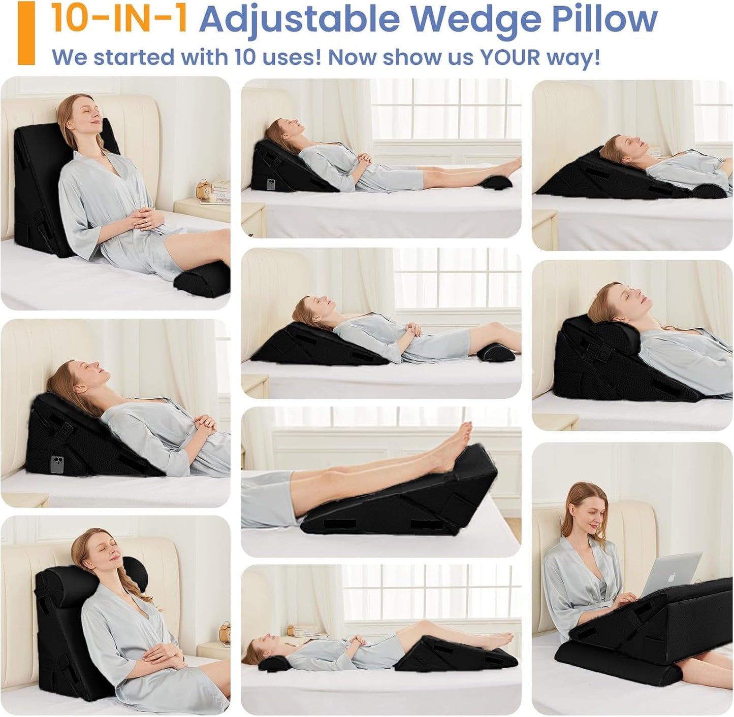 Sasttie Wedge Pillow Set for After Surgery, 2PCS Adjustable Bed Wedge Pillow Headboard with Memory Foam Neck Cushion – for Acid Reflux, Sleeping, Neck & Back Support, Dark Grey