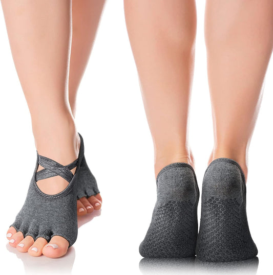 SATINIOR 6 Pairs Pilates Socks with Grip for Women Non Slip Yoga Socks Toeless Barre Sticky with Straps Multicolor for Ballet Dance Barefoot Workout