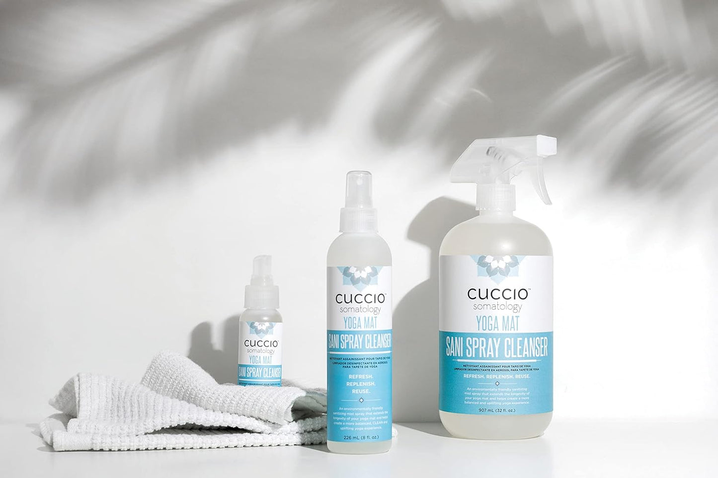 cuccio SOMATOLOGY Yoga Mat Sani Spray Cleaner - Essential Liquid Mat Cleanser Mist - Non Sticky, Quick Drying, Odor, Dirt And Sweat Control - Natural, Chemical Free Equipment Freshener - 32 Fl Oz