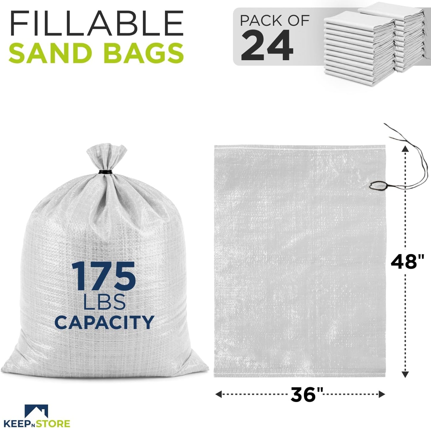 Heavy Duty Sand Bags Pack of 3, White Empty Sandbags with Built-In Ties, Woven Polypropylene UV Protection 1600 Hours, Fillable Sand Bags for Flood Control, Weight, 10x14 inches, 15 Pounds Volume