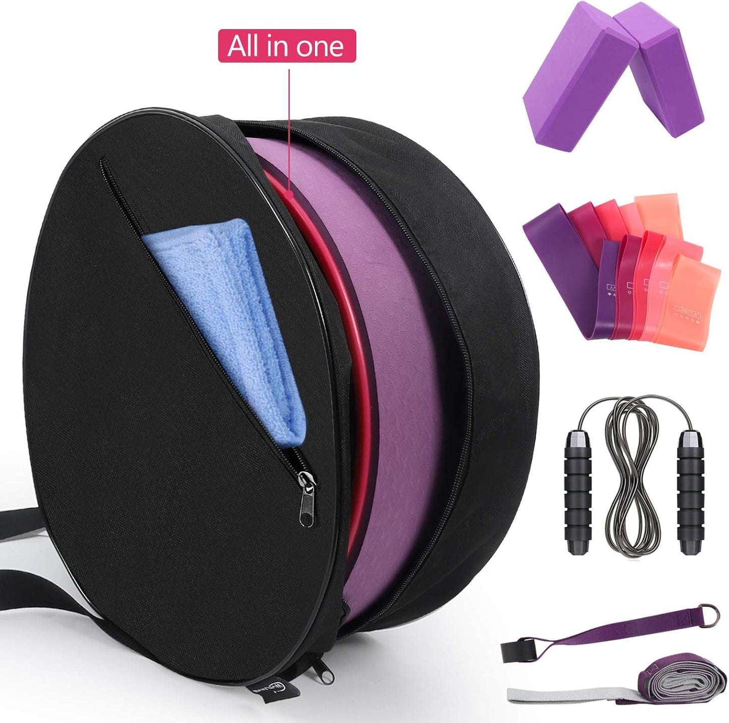 Yoga Wheel Set 11-in-1,Back Roller & 2 Blocks with Strap,Resistance Bands,Jump Rope,Carrying Bag,Perfect Yoga Back Wheel Accessory Starter Kit for Beginner, Stretching, Improving Backbends