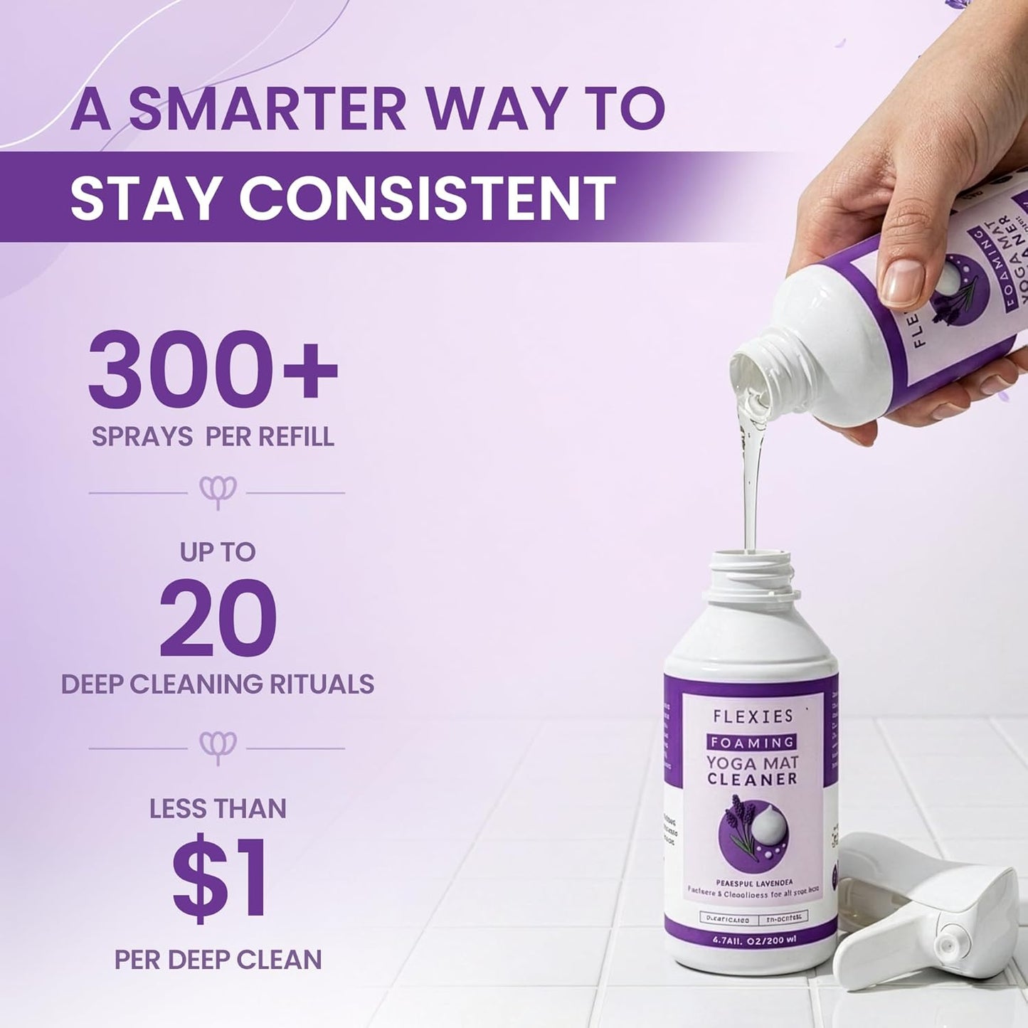 Flexies Foaming Yoga Mat Cleaner Spray Kit, Plant Based Non Toxic Mat Cleaner with Brush and Microfiber Cloth, Yoga Essentials for Women and Men, Pilates Mat Care, Lavender