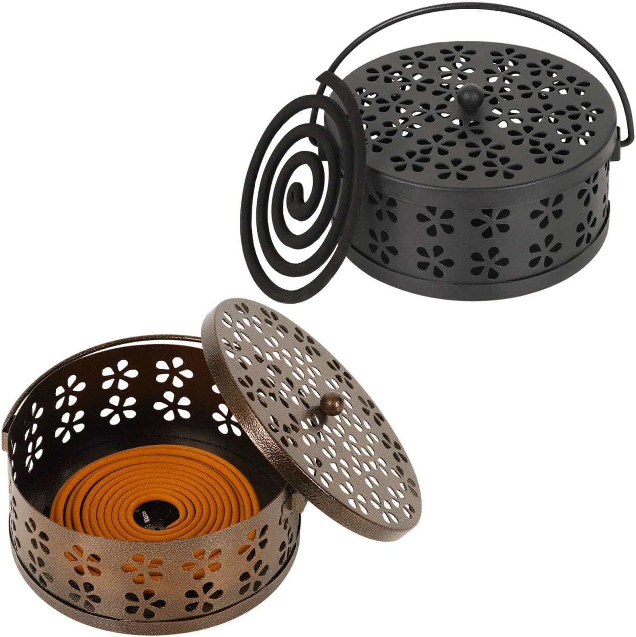Portable Iron Mosquito Coil Holder with Handle Round Heat-Resistant Incense Holder (Bronze)