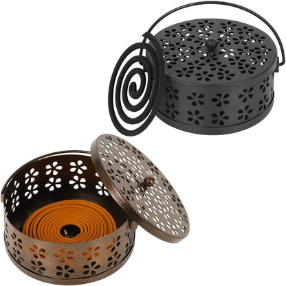 Portable Iron Mosquito Coil Holder with Handle Round Heat-Resistant Incense Holder (Bronze)