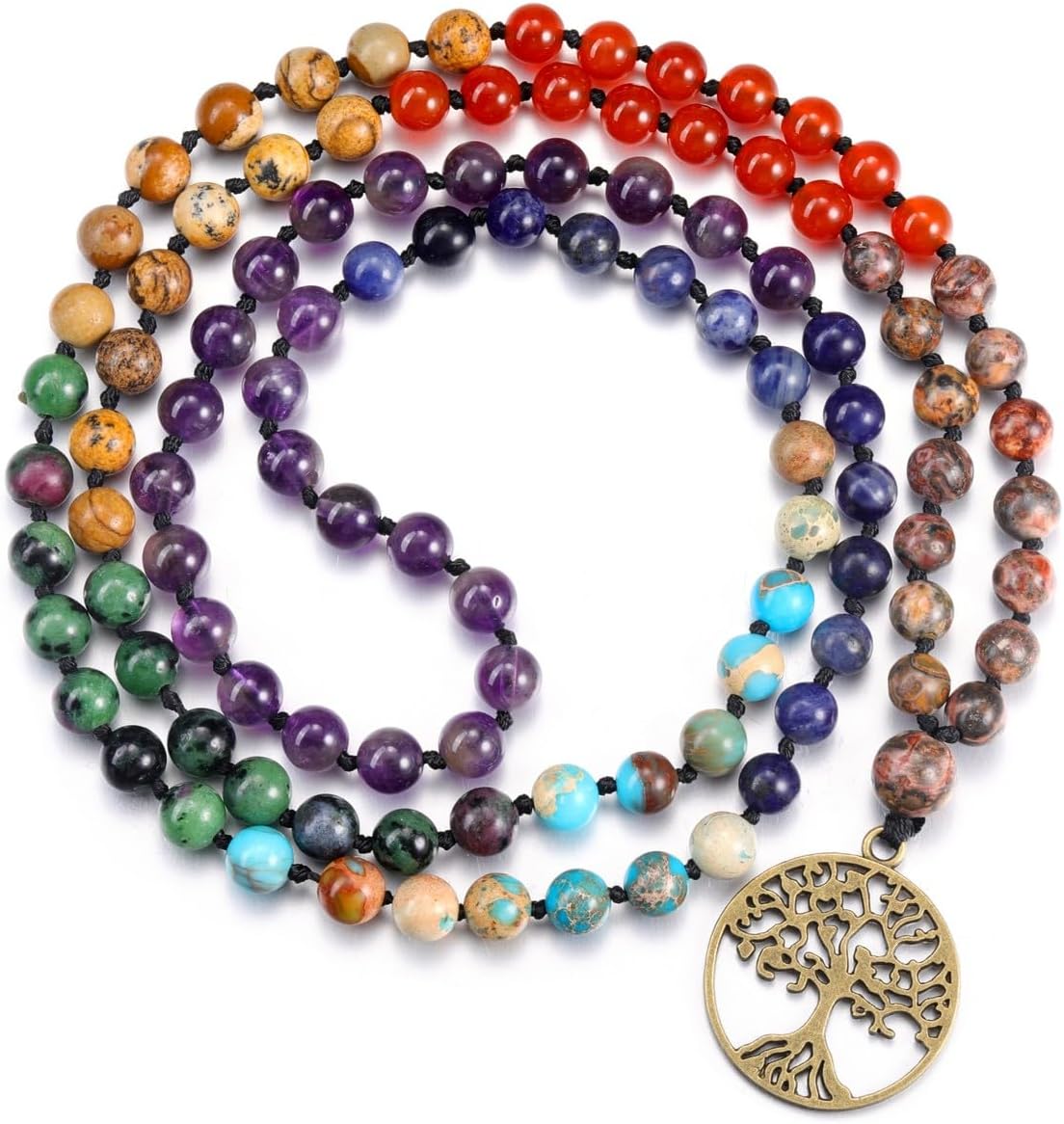 GEHECRST Natural 7 Chakra 108 Mala Prayer Beads Necklace with Reiki Healing Crystal Pointed Pendant 6mm Gemstones Beads Necklace Mens Womens Jewelry for Meditation, Protection