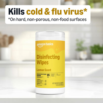 Amazon Basics Disinfecting Wipes, Lemon & Fresh Scent, Sanitizes, Cleans, Disinfects & Deodorizes, 255 Count (3 Packs of 85), Packaging May Vary