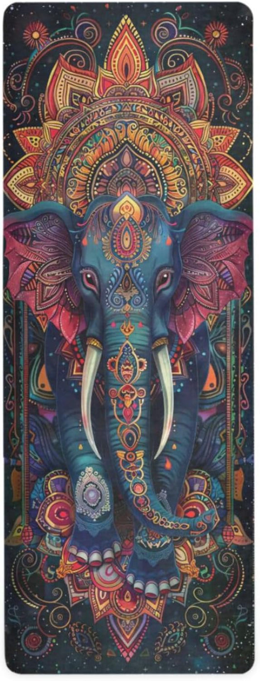 Colorful Tribal Elephant Yoga Mat, 71 x 26 Inch Non-slip Yoga Mats Folding Travel Exercise Mat Indoor Outdoor Gym Pilates with Storage Bag for Women Men