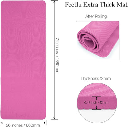 Extra Thick 12mm Exercise Mat – Non-Slip, Joint-Friendly & Cushioned Fitness Mat for Yoga, Pilates & Floor Workouts – Durable, Supportive & Includes Feetlu Classic Strap