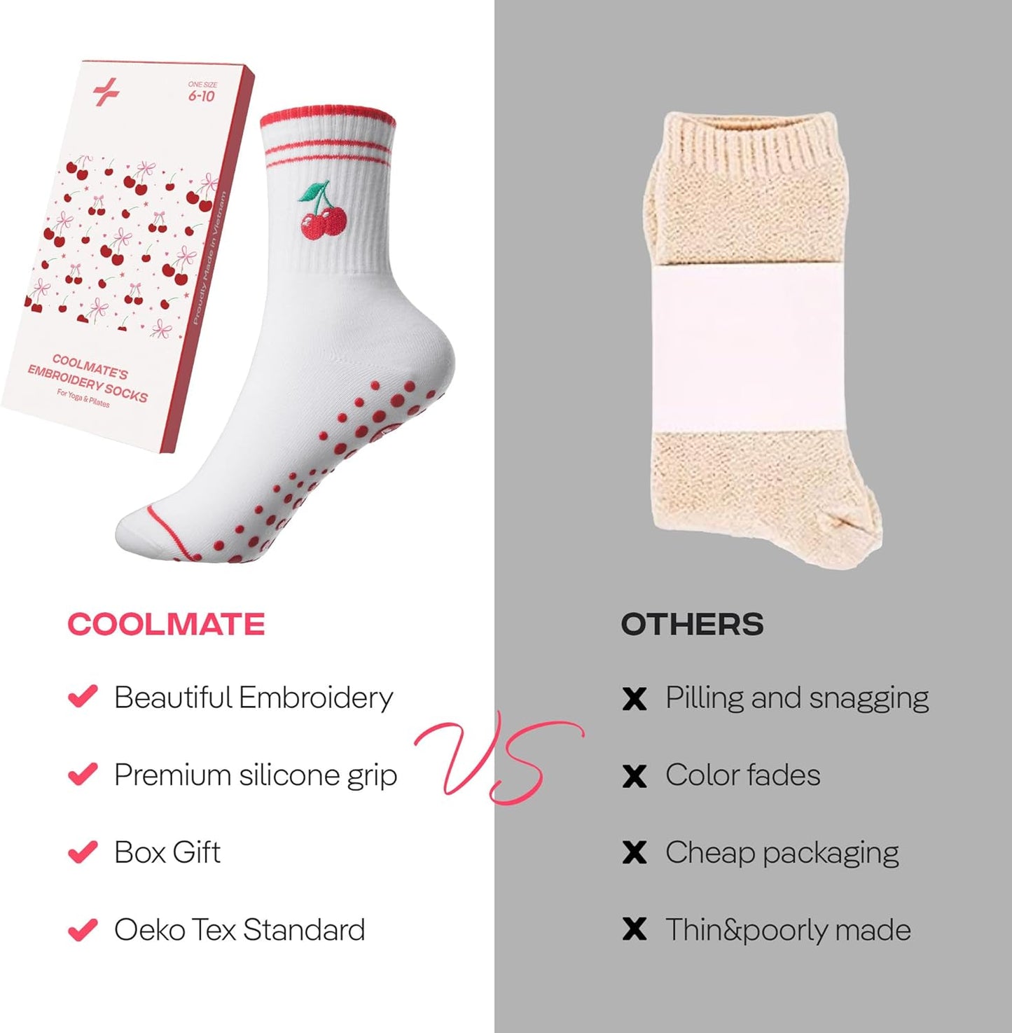 COOLMATE Pilates Socks with Grips for Women, Yoga Socks, Crew Non Slip Women for Barre, Pilates Gifts for Women - Colors A