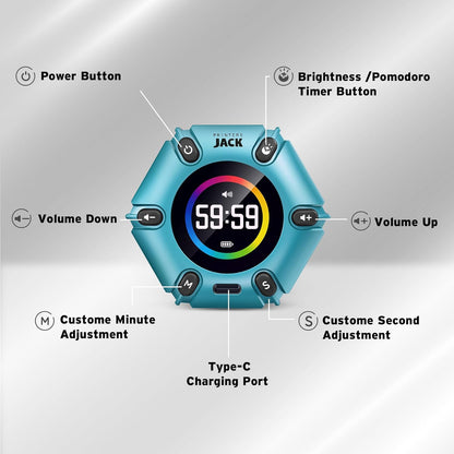 Jack Pomodoro Timer - Productivity Cube, Visual Focus Timer, Mute & Vibration & Adjustable Sound Alert, for Office, ADHD, Study, Work, 3/5/10/25/30/60min & Custom Countdown - Black
