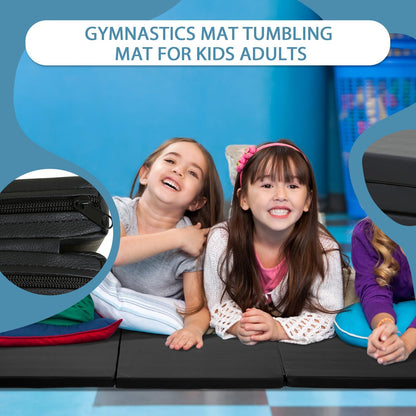 Gymnastics Mat for Tumbling, Folding Tumbling Mat Exercise Mat Gym Mat Tumbling Mats for Kids, Adults, PU Leather Yoga Mat with Carrying Handles