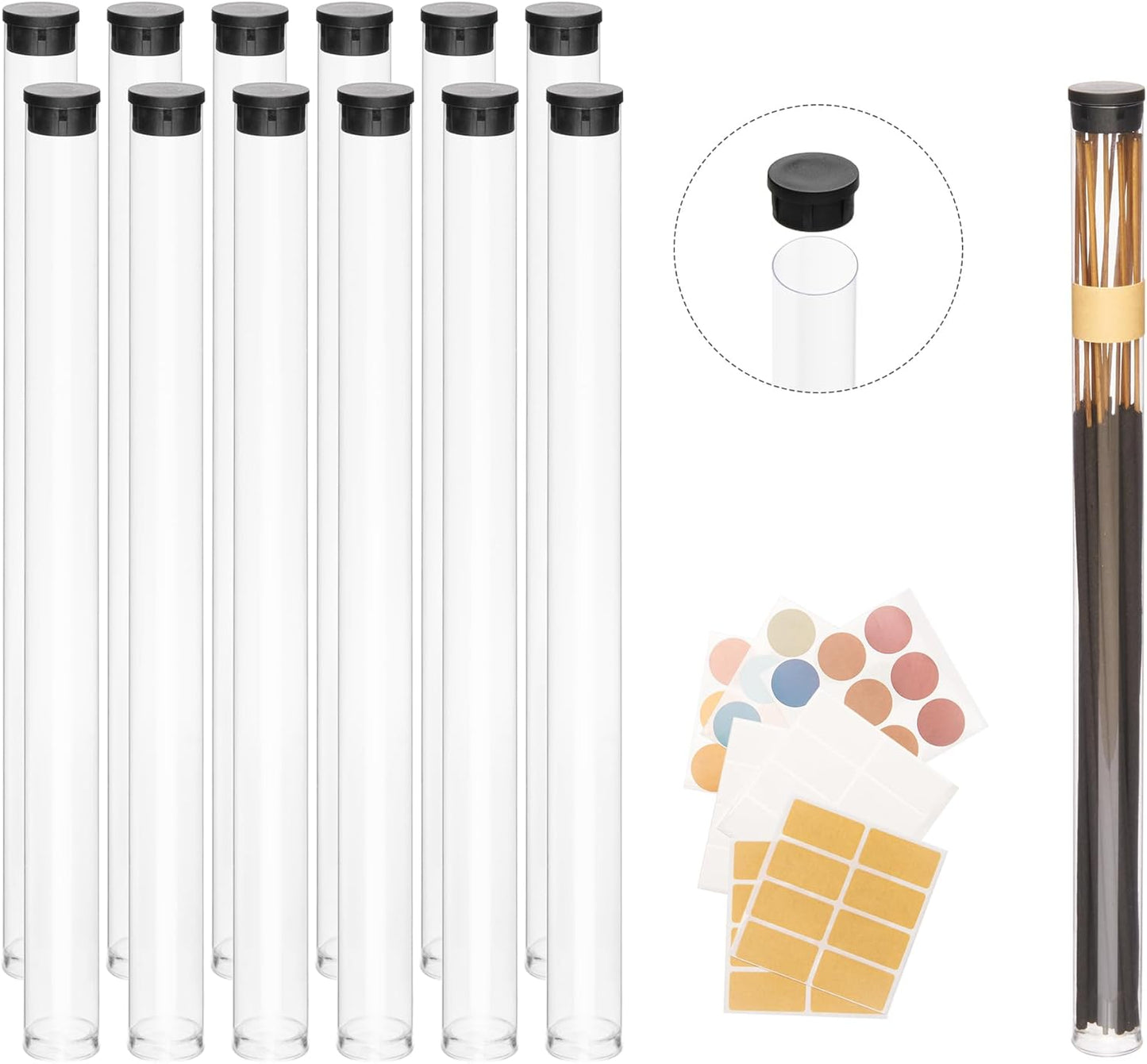 Clear Plastic Tube with Black lid, Storage Holder for 8-10 inch Incense Sticks, Preserves Aroma (24)