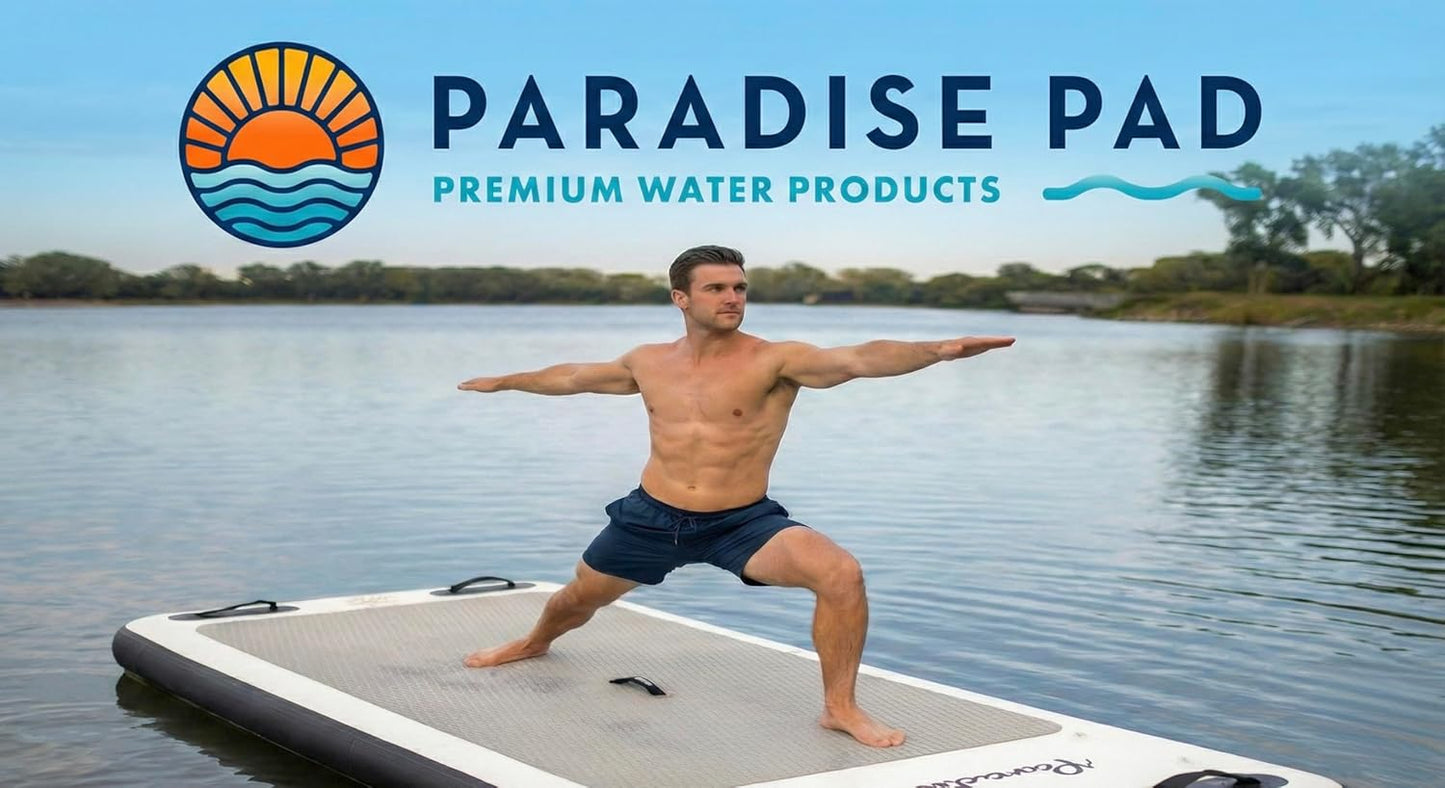 Inflatable Water Yoga Mat Board Floating Exercise Platform for Yoga and Pilates. Aquatic Fitness pad for Pools, Lakes. 96"x 35"x 6" includes storage bag, hand pump and repair kit. Paradise Pad