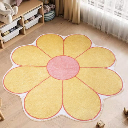 White Flower Shaped Rug, Cute Round Indoor Rug, 39.4" Diameter, High Pile Faux Wool, Non-Slip Backing