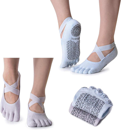Ozaiic Yoga Socks for Women with Grips, Non-Slip Five Toe Socks for Pilates, Barre, Ballet, Fitness