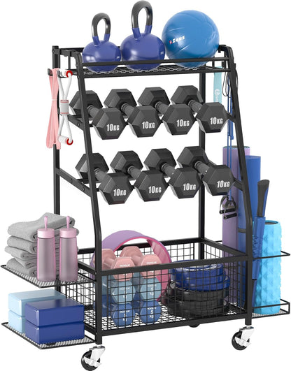 Weight Rack for Dumbbells - Home Gym Storage Rack - Dumbbell and Weight Organizer with 4 Flexible Wheels and Unique Storage on Both Sides