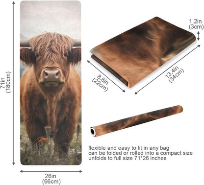 Highland Cow Yoga Mat for Women Men 71" x 26" Non Slip Exercise & Fitness Mat 1mm Thick Workout Mat for Yoga, Pilates, Come with Storage Bag