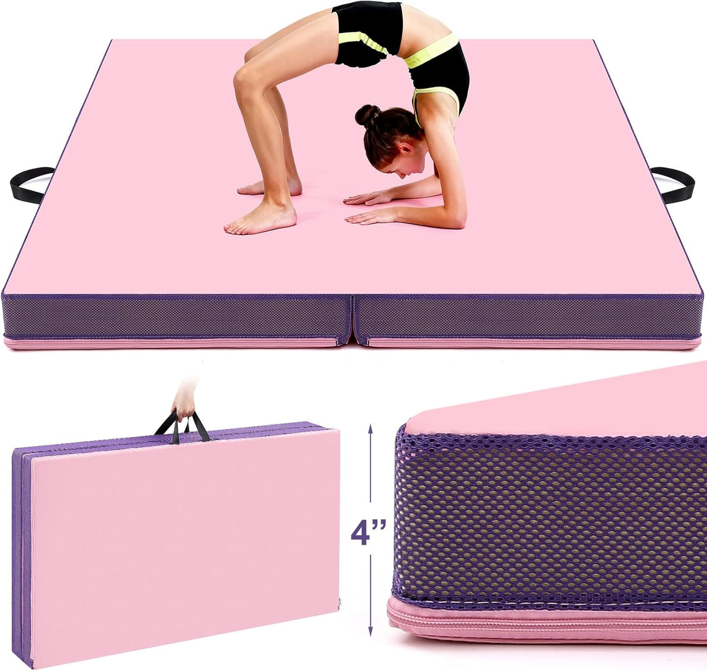 Nuanchu 4'' Thick Folding Gymnastics Mat 4ft x 4ft Gymnastics Practice Mats for Tumbling for Girl Stretching Yoga Pilates Aerobics Workouts Cheerleading Martial Arts