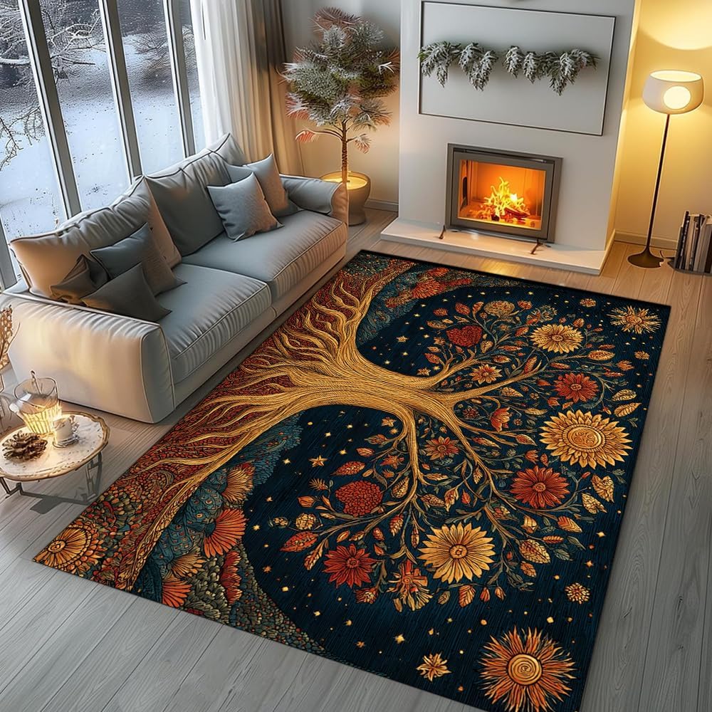 Tree of Life Area Rug – Bohemian Mandala Carpet for Living Room, Bedroom, Meditation Space, Yoga, Spiritual Home Décor – Large Soft Floor Mat for Indoor Decoration (TOL08)