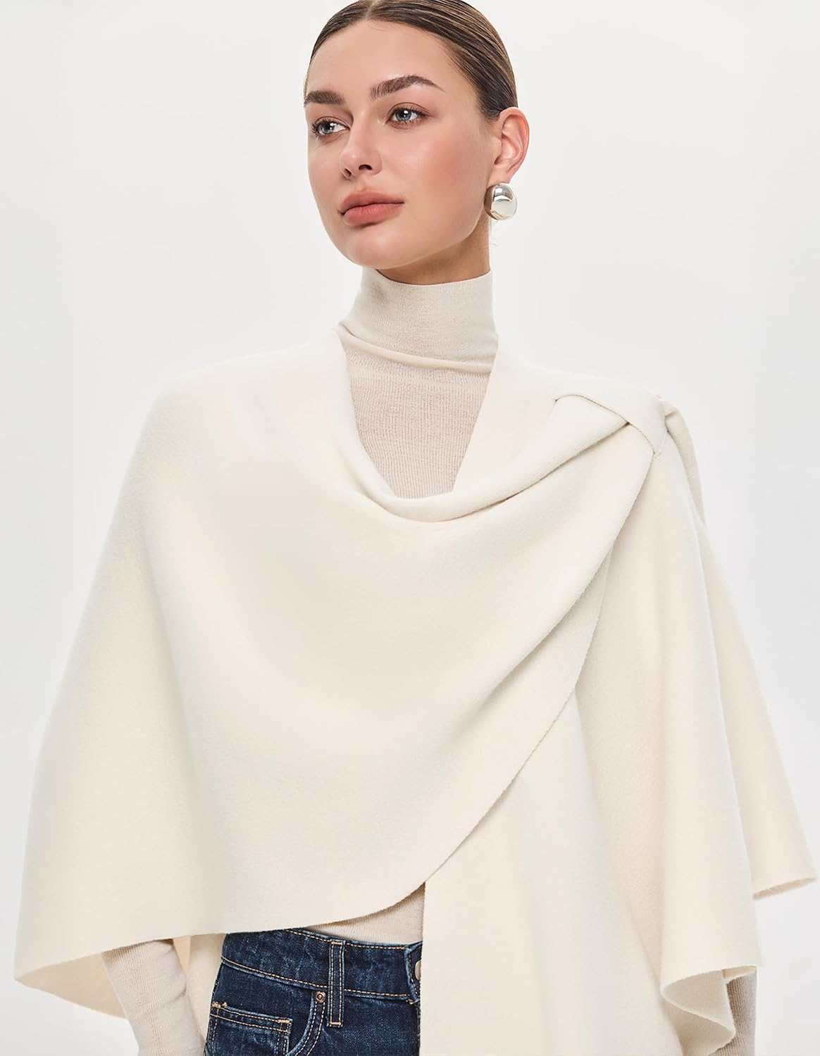 PULI Womens Large Cross Front Poncho Sweater Wrap Topper Knitted Elegant Shawls Cape for Fall Winter