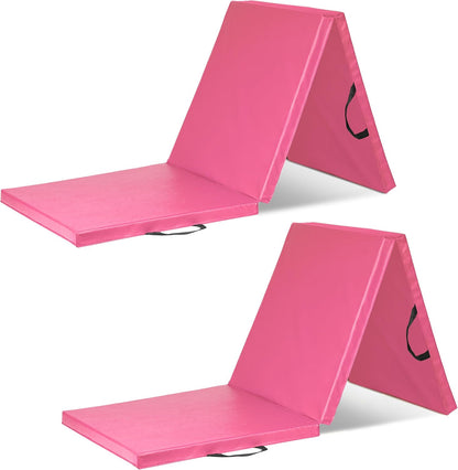 ProsourceFit Tri-Fold Folding Exercise Mat Set of 2, 6’x2’ Thick Workout Mats with Handles for Home Gym, MMA, Gymnastics, Yoga, Core Workouts, Pink