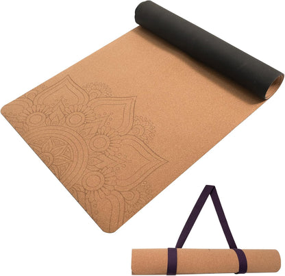 U&M Cork Yoga Mat Non-Slip, Resists Sweat and Odors Exercise Mat with Carrying Strap for Hot Yoga, Pilates, Floor & Fitness Workouts, Fitness Mats Non-Slip Natural Rubber Base & Cork Mat (72'' x 26'' x 5mm Thick)