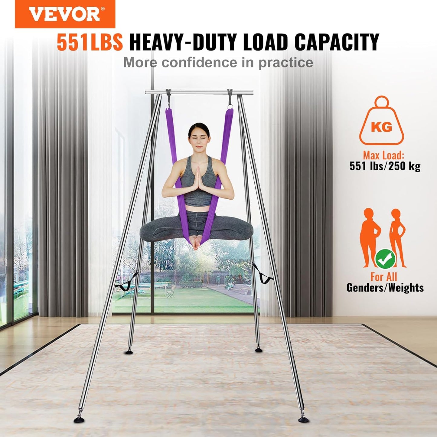 VEVOR Yoga Stand Frame, Max 441-551 lbs Load Swing Stand, Triangular Structure Aerial Rig, Aerial Silk Stands with Yoga Hammock, Standard & Height-Adjustable Version