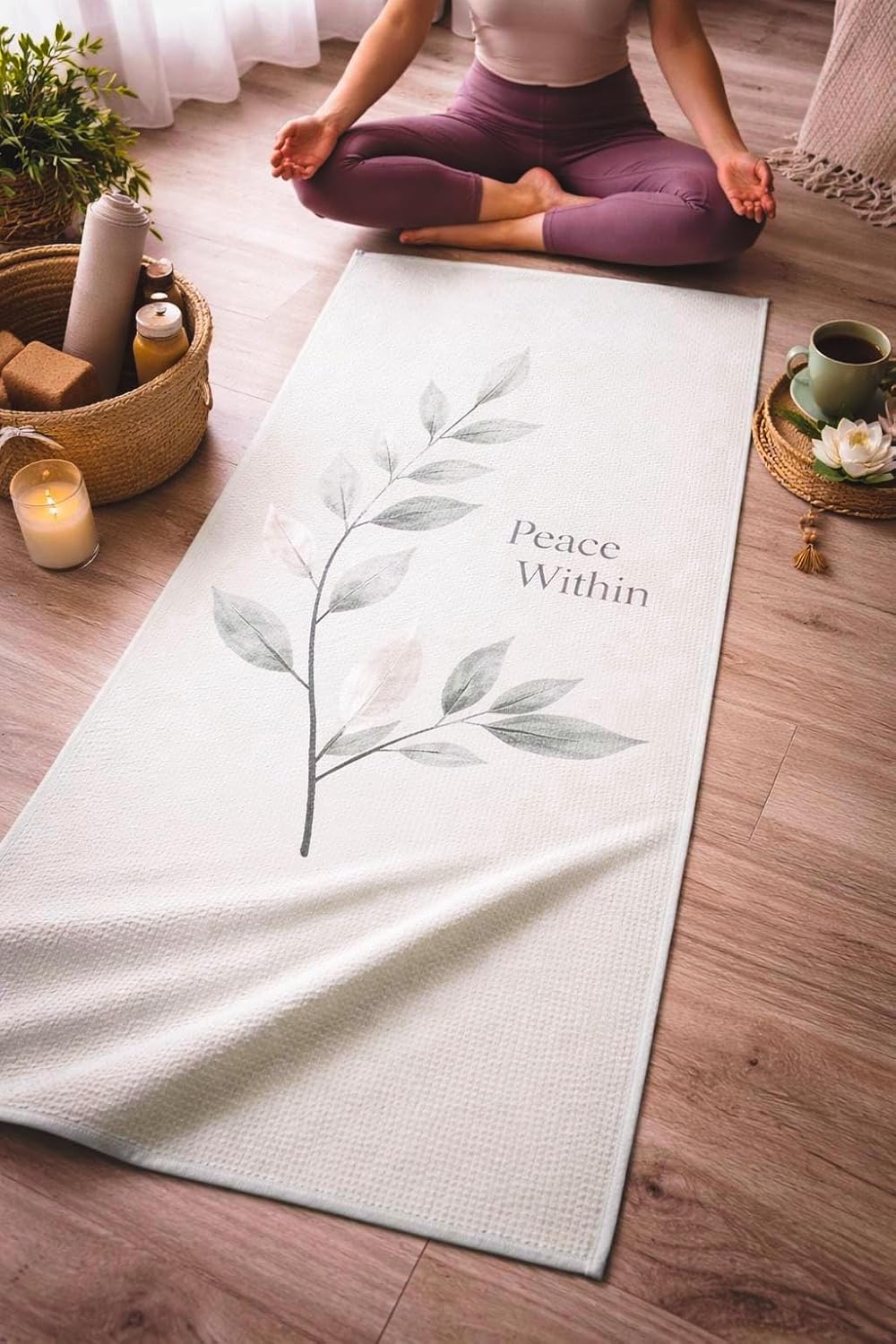 COREMOTION Yoga Towel Non Slip, Waffle Material, Super Absorbent, Quick Dry, Multipurpose for Hot Yoga, Pilates, Gym, 24 x 72, Light Green. Peace Within