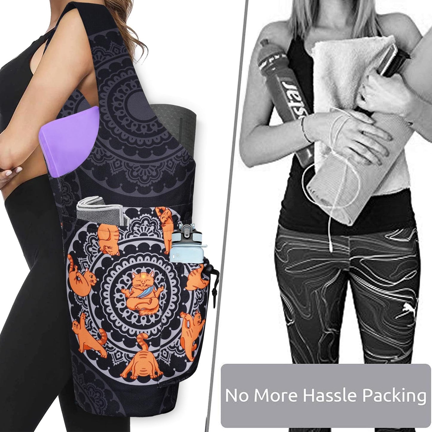 Yoga Mat Bag - Large Opening Long Tote Yoga Mat Carrier Holder Bag with Waterproof Wet Zipper Pocket and Drawstring Water Bottle Pocket - Yoga Bag Fit Most Size Mats