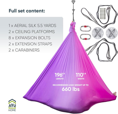 AyuHome Aerial Silks Kit for Home - Premium Yoga Swing for Kids and Adults with 660 lbs Capacity - Versatile Aerial Yoga Hammock for Gymnastics Training