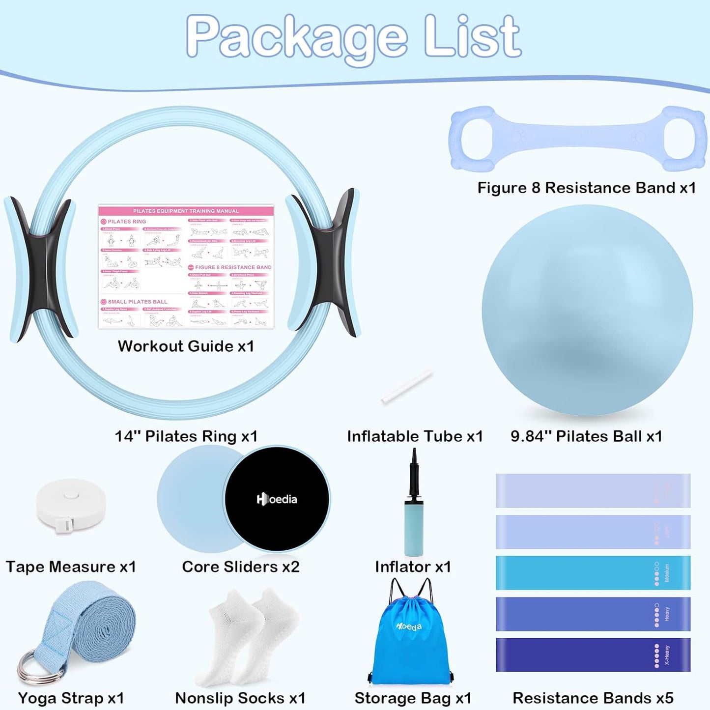 Hoedia 17 PCS Pilates Kit for Women, Pilates Equipment Ring and Ball Set with Resistance Bands, Yoga Strap, Core Sliders, Socks, Bag & Guide for Starter Home Workout Fitness Gym Essentials