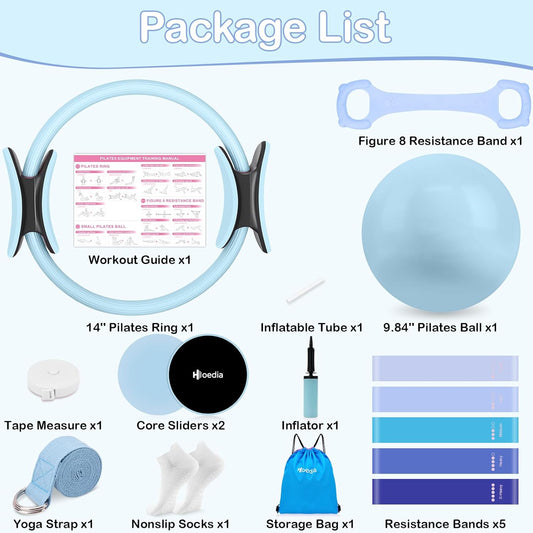 Hoedia 17 PCS Pilates Kit for Women, Pilates Equipment Ring and Ball Set with Resistance Bands, Yoga Strap, Core Sliders, Socks, Bag & Guide for Starter Home Workout Fitness Gym Essentials
