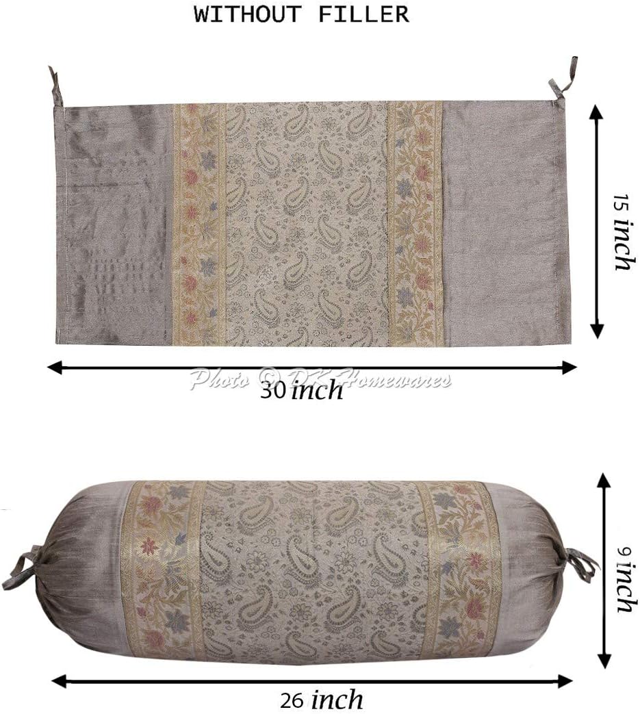 Indian Jacquard Brocade Silk Bolster Throw Pillow Covers Cylindrical Hotdog Grey Yoga Masand Home Decor Living Room Paisley Traditional Throw Cushion Cover 76x38 cm - 1 Pc