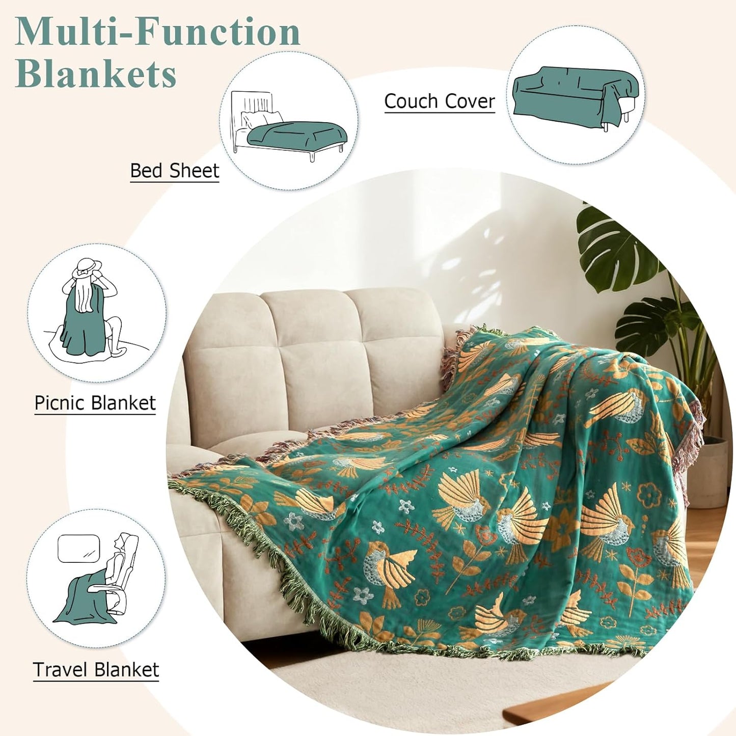 Boho Throw Blanket - 100% Cotton Soft Summer Throw Blanket for Bed, 50"x60" Reversible Breathable Lightweight Blankets, All Seasons Farmhouse Decor Floral Plant Butterfly Throw Quilt