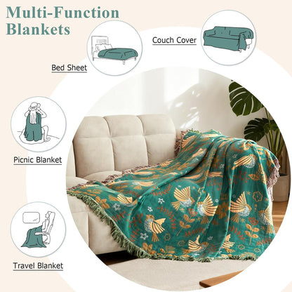 Boho Throw Blanket - 100% Cotton Soft Summer Throw Blanket for Bed, 50"x60" Reversible Breathable Lightweight Blankets, All Seasons Farmhouse Decor Floral Plant Butterfly Throw Quilt