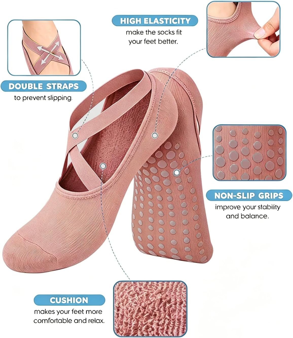 AURUZA Pilates Grip Socks for Women Non Slip Skid Yoga Socks with Grips Straps for Ballet Dance Workout Gripper Sock