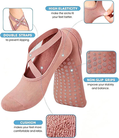 AURUZA Pilates Grip Socks for Women Non Slip Skid Yoga Socks with Grips Straps for Ballet Dance Workout Gripper Sock