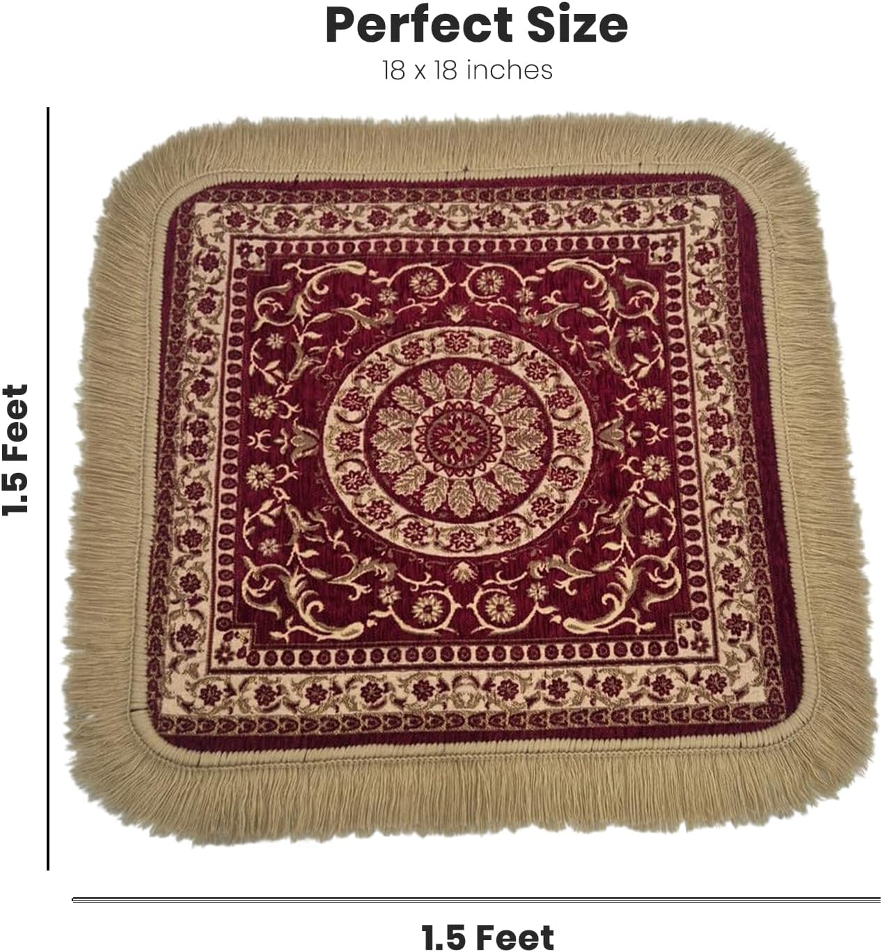 Soft Chenille Prayer Mat | Traditional Mandala Floral Pooja Aasan with Golden Fringes | Multipurpose Square Rug for Meditation, Yoga, Puja Room & Home (Red, 2x2 Feet)