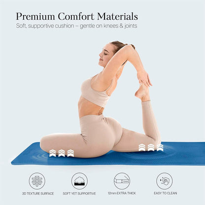 Extra Thick 12mm Exercise Mat – Non-Slip, Joint-Friendly & Cushioned Fitness Mat for Yoga, Pilates & Floor Workouts – Durable, Supportive & Includes Feetlu Classic Strap