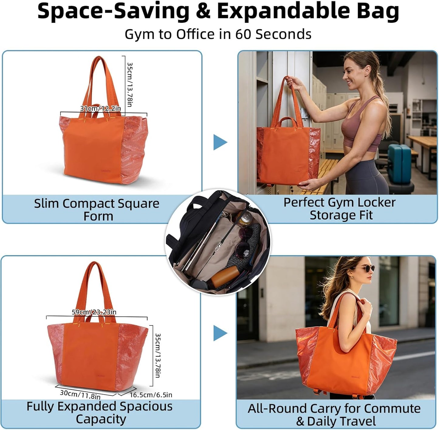 Lightweight Carryall Tote Bag for Women, 25L Expandable Travel Work Bag with Tablet Sleeve, Gym Tote with Yoga Mat Holder & Wet Dry Pocket, 3-Piece Set with Shoe Bag & Cosmetic Pouch (Black)