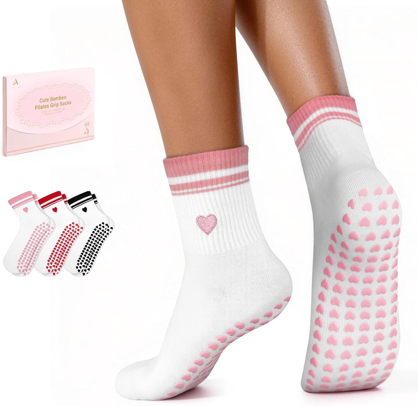 ALLIVE Pilates Socks with Grips for Women, Breathable Soft Non Slip Cute Yoga Socks for Studio or Home, Gift-Ready Set