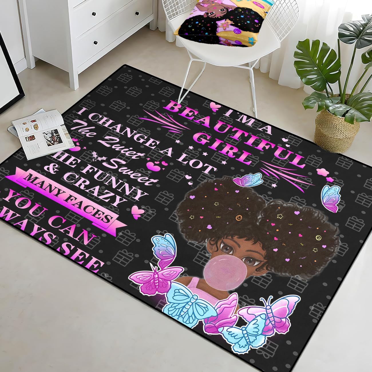 Black Girl Area Rug for Bedroom African Black Girls Floor Rugs for Living Room Playroom Cartoon Art Home Decor Soft Yoga Mats for Women Afro Purple 47" x 31" (2.7 x 3 Feet)