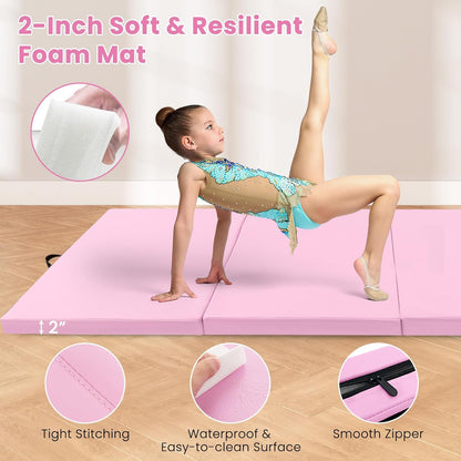 Giantex 4'x10'x 2" Gymnastics Mat, 4-Panel Folding Aerobics Exercise Mat w/Hook & Loop Fastener, Carrying Handle, Portable Tumbling Mat for Stretching Yoga Cheerleading Martial Arts